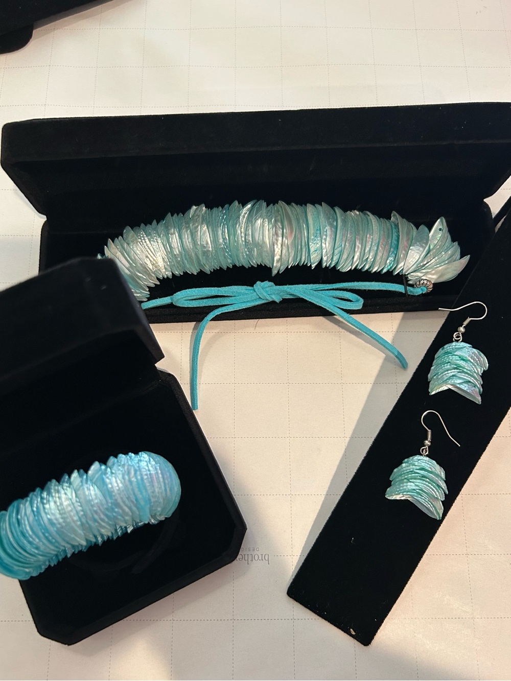 Blue Iridescent Shell layered Statement Necklace Bracelet Earring Set - Jewelry